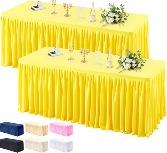 2 Pack Yellow Tablecloths for Rectangle Tables 6ft, Wrinkle Resistant Spandex Table Cover Fitted Stretch Table Cloth with Pleated Ruffle Skirts for Party Banquet Dining Birthday Wedding