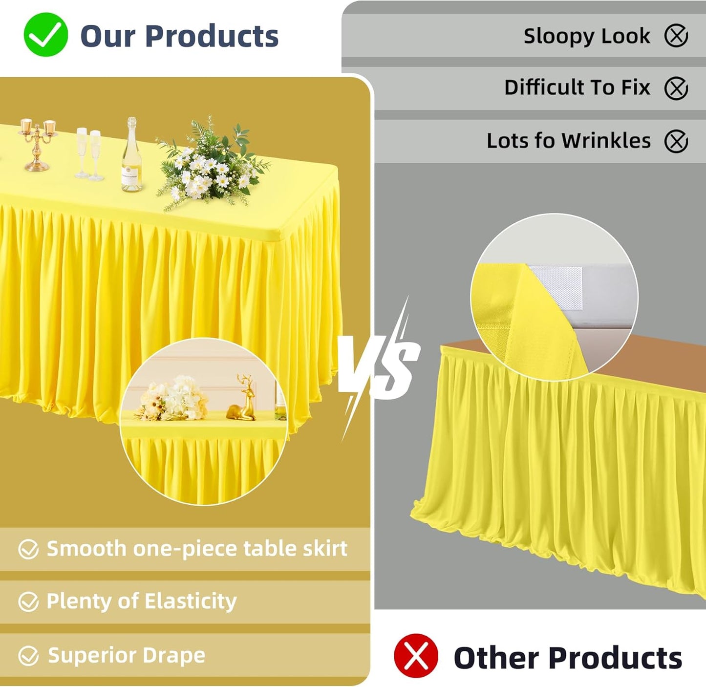 2 Pack Yellow Tablecloths for Rectangle Tables 6ft, Wrinkle Resistant Spandex Table Cover Fitted Stretch Table Cloth with Pleated Ruffle Skirts for Party Banquet Dining Birthday Wedding