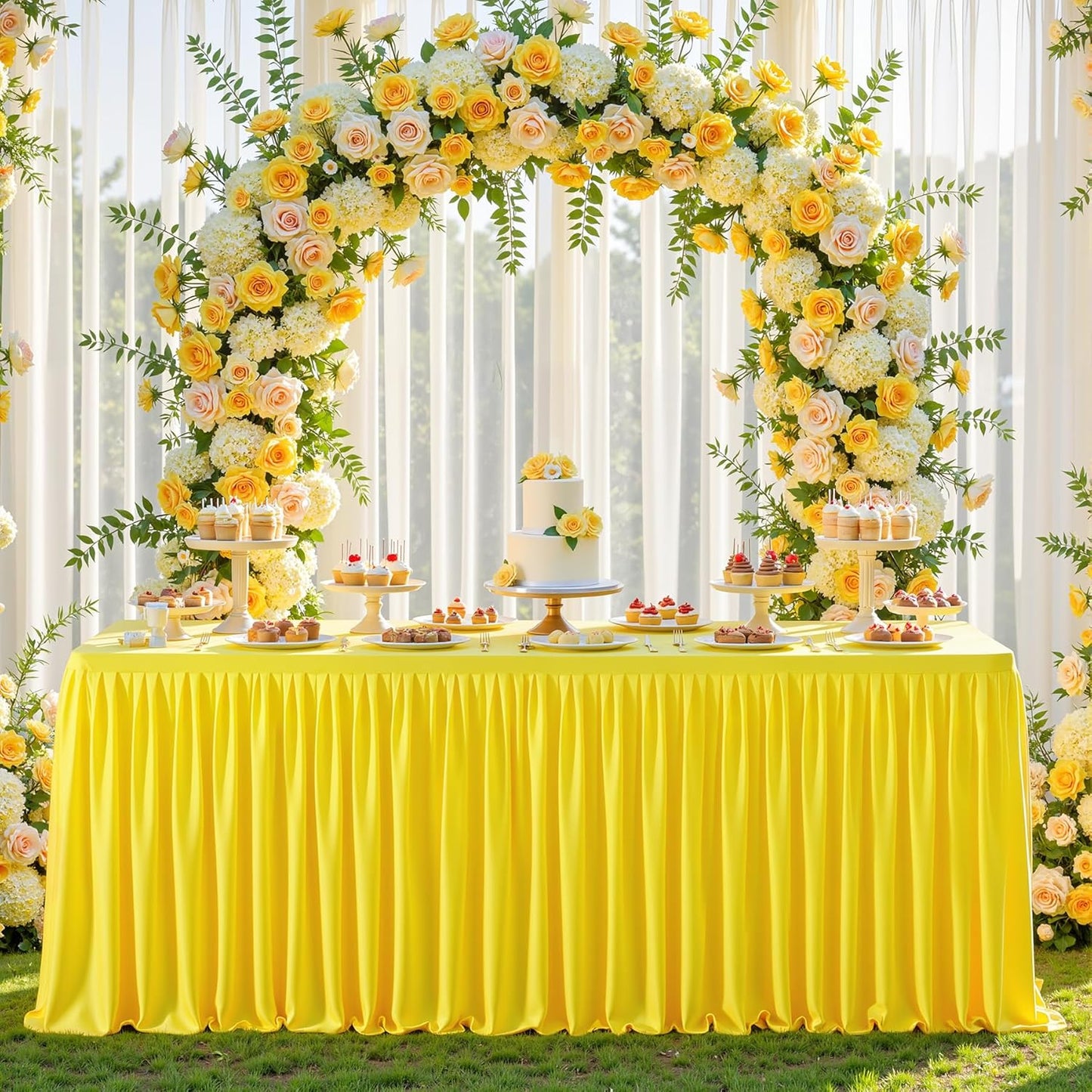 2 Pack Yellow Tablecloths for Rectangle Tables 6ft, Wrinkle Resistant Spandex Table Cover Fitted Stretch Table Cloth with Pleated Ruffle Skirts for Party Banquet Dining Birthday Wedding