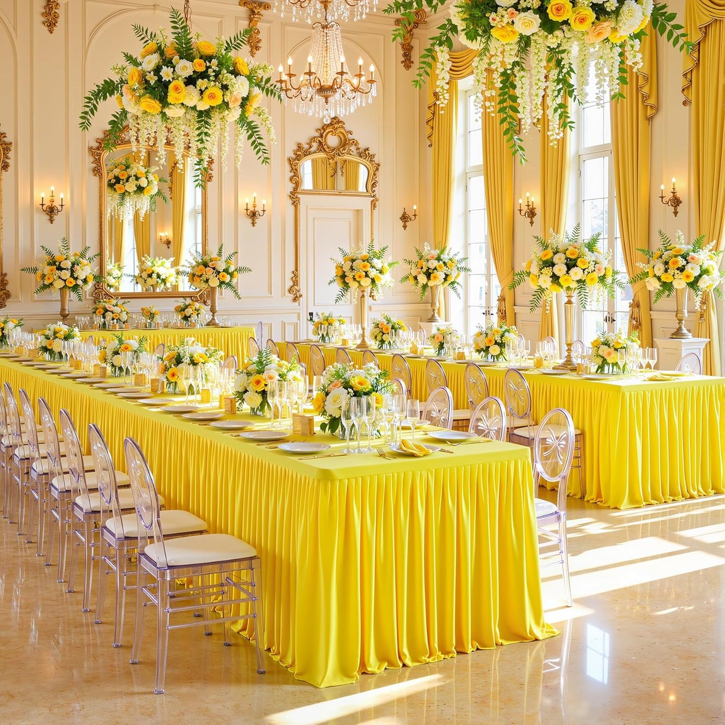 2 Pack Yellow Tablecloths for Rectangle Tables 6ft, Wrinkle Resistant Spandex Table Cover Fitted Stretch Table Cloth with Pleated Ruffle Skirts for Party Banquet Dining Birthday Wedding