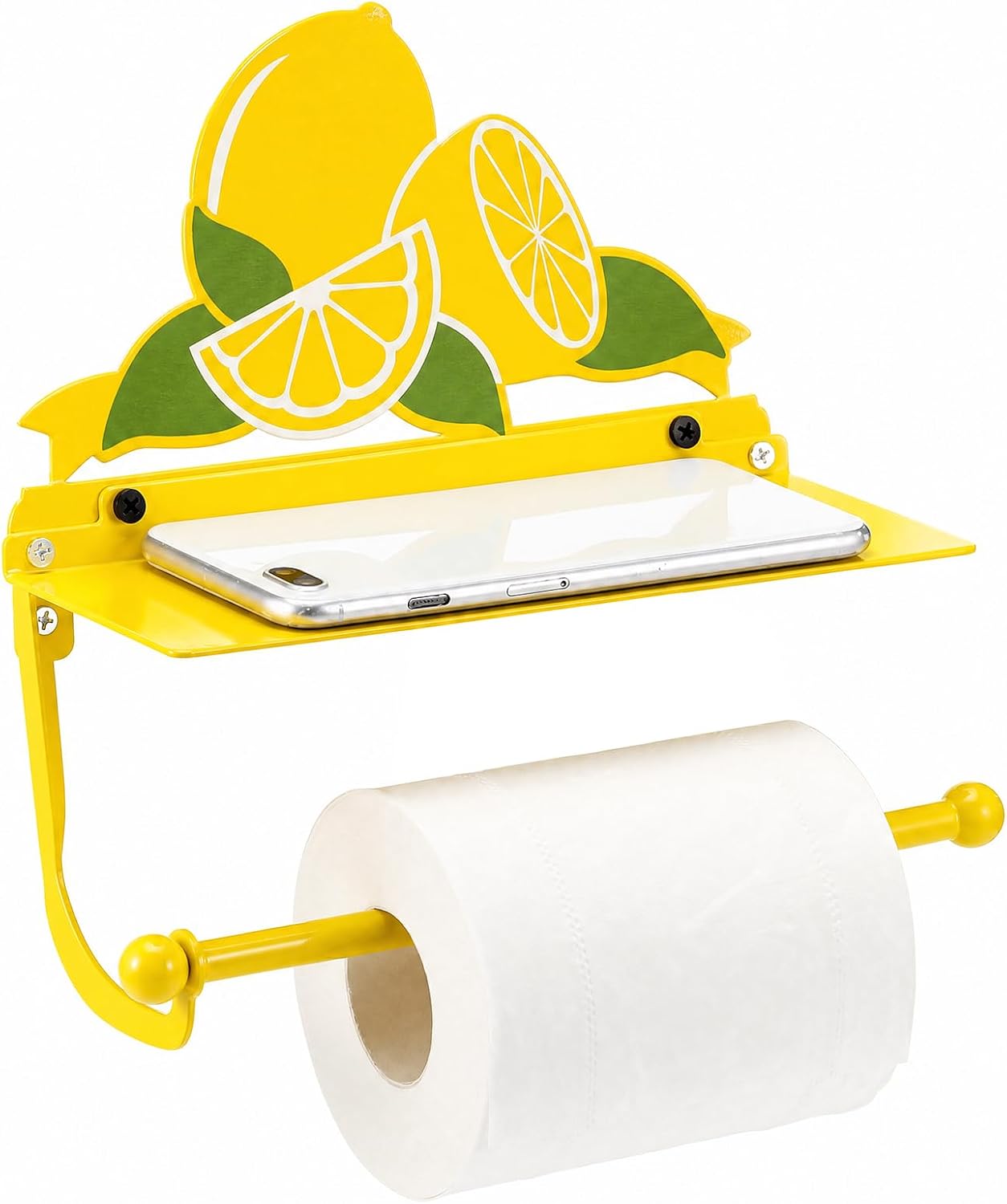 Yellow Lemon Toilet Roll Holder with Phone Shelf Metal Wall Mount Toilet Paper Holder Decorative Cute Storage Accessories Coquettish Home Decor for Bathroom
