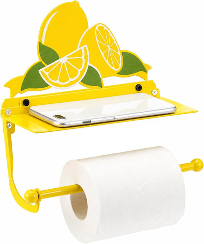 Yellow Lemon Toilet Roll Holder with Phone Shelf Metal Wall Mount Toilet Paper Holder Decorative Cute Storage Accessories Coquettish Home Decor for Bathroom