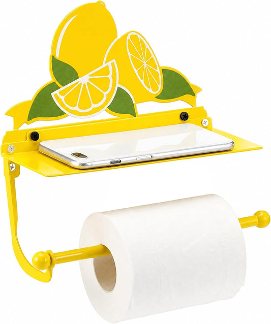 Yellow Lemon Toilet Roll Holder with Phone Shelf Metal Wall Mount Toilet Paper Holder Decorative Cute Storage Accessories Coquettish Home Decor for Bathroom