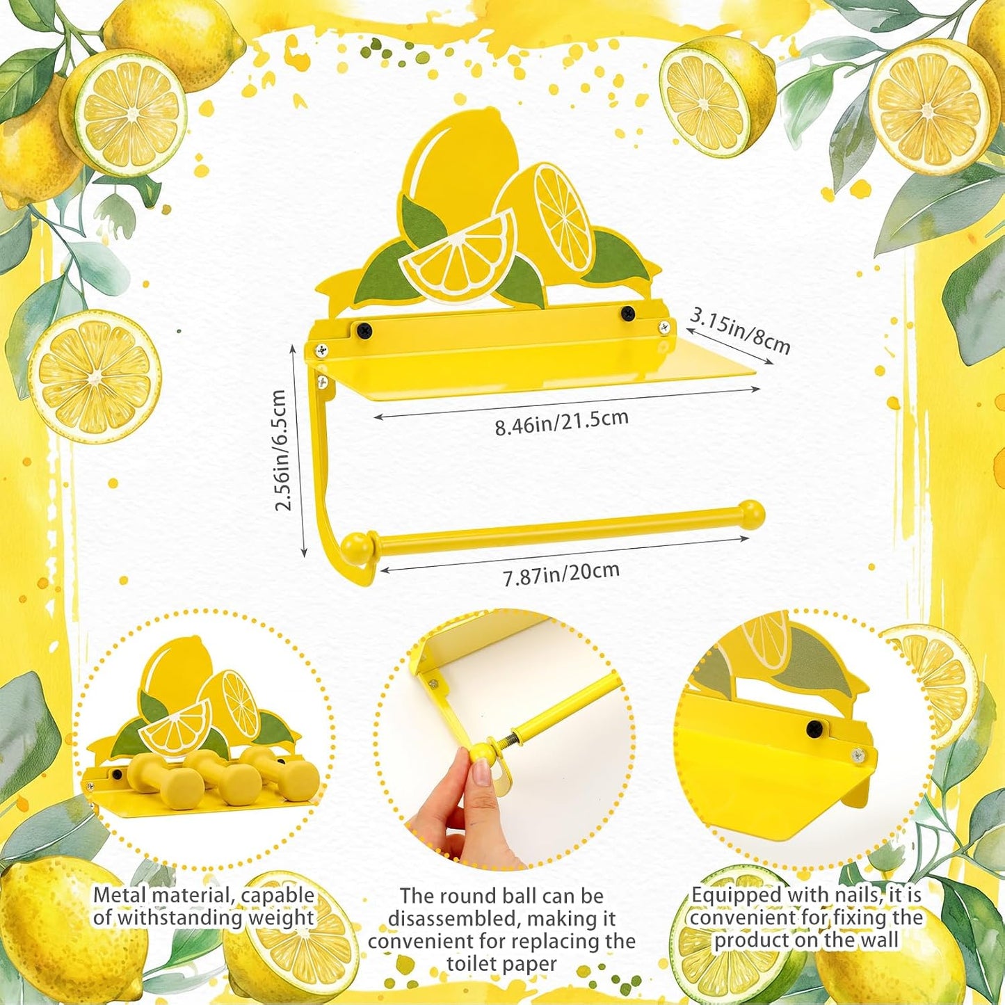 Yellow Lemon Toilet Roll Holder with Phone Shelf Metal Wall Mount Toilet Paper Holder Decorative Cute Storage Accessories Coquettish Home Decor for Bathroom