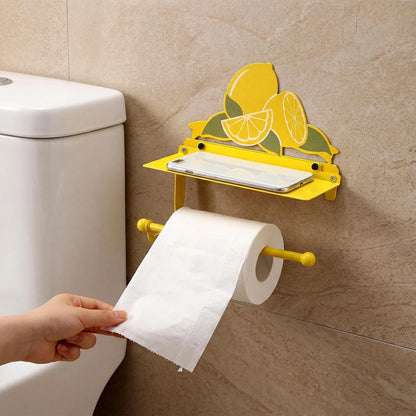 Yellow Lemon Toilet Roll Holder with Phone Shelf Metal Wall Mount Toilet Paper Holder Decorative Cute Storage Accessories Coquettish Home Decor for Bathroom