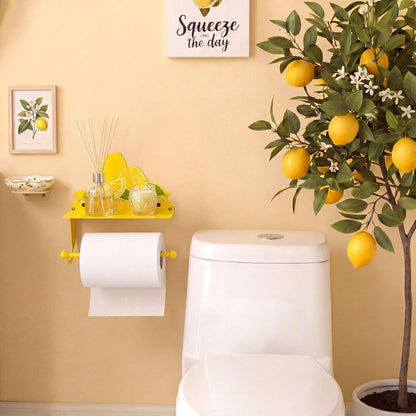 Yellow Lemon Toilet Roll Holder with Phone Shelf Metal Wall Mount Toilet Paper Holder Decorative Cute Storage Accessories Coquettish Home Decor for Bathroom