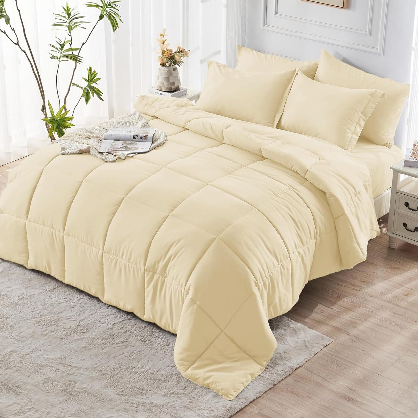 King Comforter Set, Ultra-Soft Bed in a Bag King Size 7 Pieces, Oeko-TEX Certified Bedding Set with Down Alternative Comforter, Sheets, Pillowcases & Shams, Light Yellow