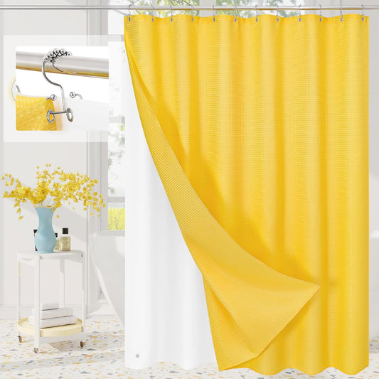 3 in 1 Yellow Shower Curtain Set with PEVA Liner & 12 Hooks, 72 x 72 | Fabric shower curtain, modern hotel style, contemporary bathroom decor, standard shower space