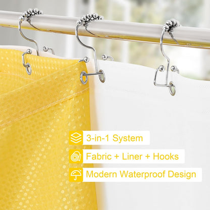 3 in 1 Yellow Shower Curtain Set with PEVA Liner & 12 Hooks, 72 x 72 | Fabric shower curtain, modern hotel style, contemporary bathroom decor, standard shower space