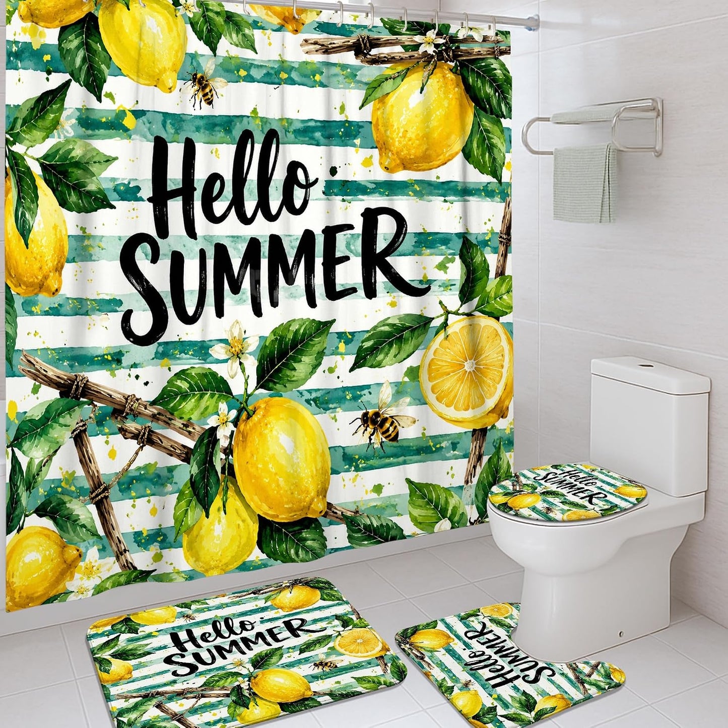 Lemon Shower Curtain Sets, Summer Tropical Bee Leaf Summer Yellow Polyester Waterproof Bathroom Bathtub Shower Curtain Sets with Rugs Decorative for Toile Guest Room 72x72 Inch