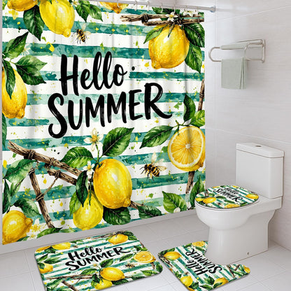 Lemon Shower Curtain Sets, Summer Tropical Bee Leaf Summer Yellow Polyester Waterproof Bathroom Bathtub Shower Curtain Sets with Rugs Decorative for Toile Guest Room 72x72 Inch