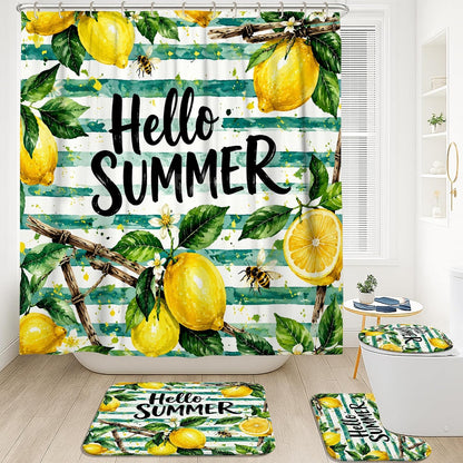 Lemon Shower Curtain Sets, Summer Tropical Bee Leaf Summer Yellow Polyester Waterproof Bathroom Bathtub Shower Curtain Sets with Rugs Decorative for Toile Guest Room 72x72 Inch