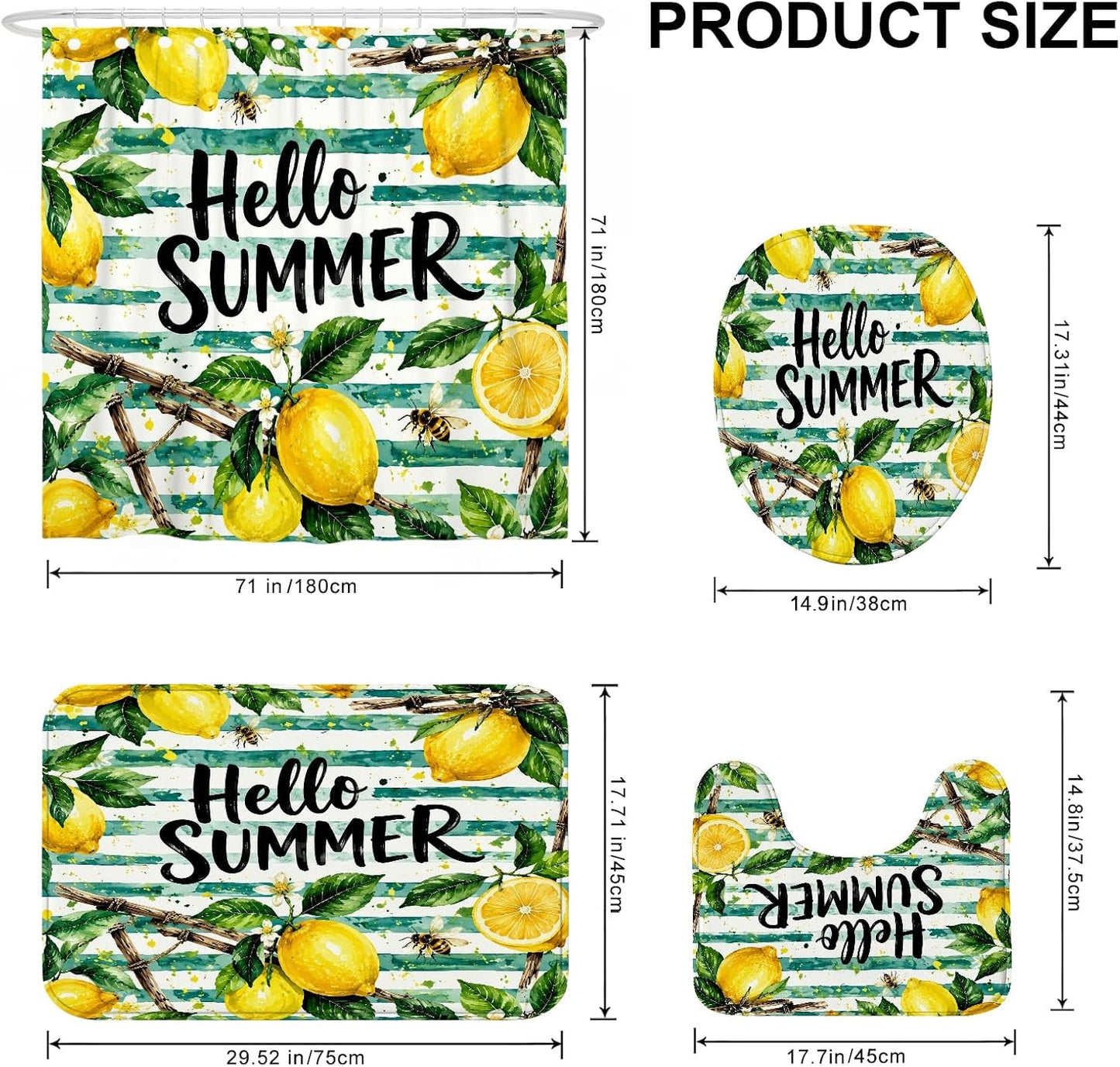 Lemon Shower Curtain Sets, Summer Tropical Bee Leaf Summer Yellow Polyester Waterproof Bathroom Bathtub Shower Curtain Sets with Rugs Decorative for Toile Guest Room 72x72 Inch