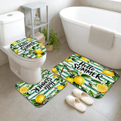 Lemon Shower Curtain Sets, Summer Tropical Bee Leaf Summer Yellow Polyester Waterproof Bathroom Bathtub Shower Curtain Sets with Rugs Decorative for Toile Guest Room 72x72 Inch