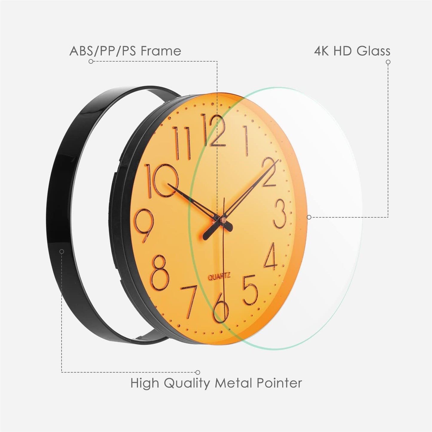Wall Clock 12" Silent Non Ticking Arabic Numeral Clock Round Decorative Wall Clock for Office,Living Room, Bedroom, Kitchen (Battery Not Included) Yellow