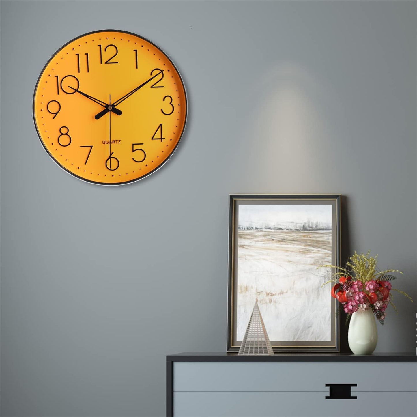 Wall Clock 12" Silent Non Ticking Arabic Numeral Clock Round Decorative Wall Clock for Office,Living Room, Bedroom, Kitchen (Battery Not Included) Yellow