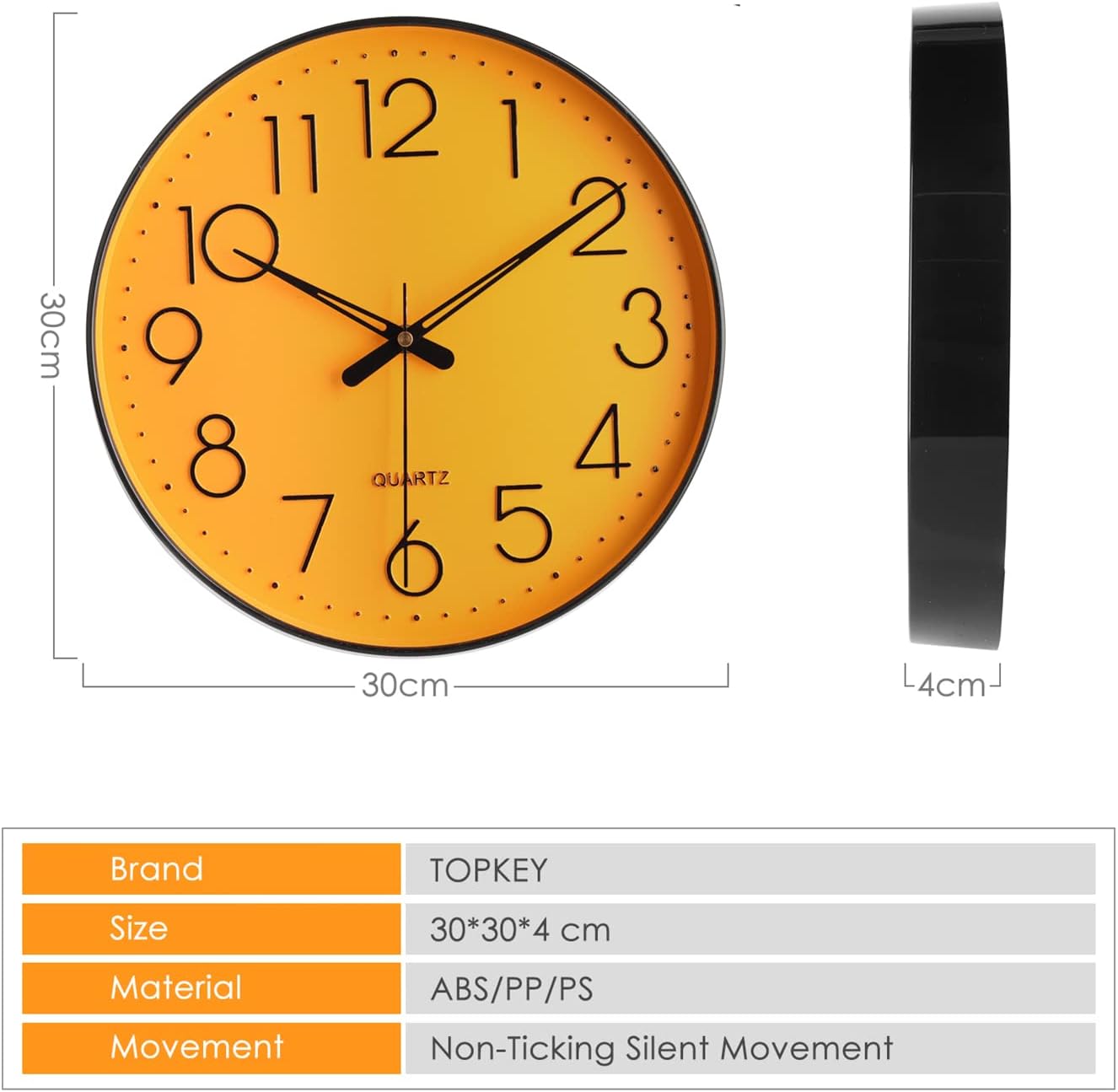 Wall Clock 12" Silent Non Ticking Arabic Numeral Clock Round Decorative Wall Clock for Office,Living Room, Bedroom, Kitchen (Battery Not Included) Yellow
