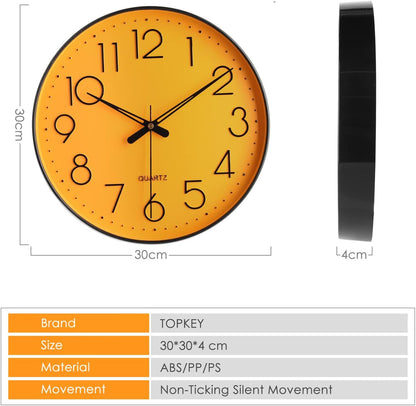 Wall Clock 12" Silent Non Ticking Arabic Numeral Clock Round Decorative Wall Clock for Office,Living Room, Bedroom, Kitchen (Battery Not Included) Yellow