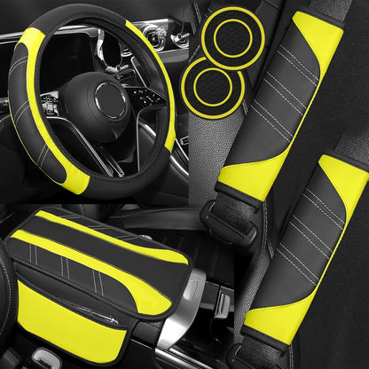 6PCS Yellow Car Accessories Set, Sporty Auto Interior Decoration Accessories with Leather Car Steering Wheel Cover, Center Console Cover, Seat Belt Shoulder Pads, Cup Coasters (Yellow)