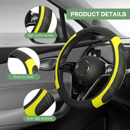 6PCS Yellow Car Accessories Set, Sporty Auto Interior Decoration Accessories with Leather Car Steering Wheel Cover, Center Console Cover, Seat Belt Shoulder Pads, Cup Coasters (Yellow)