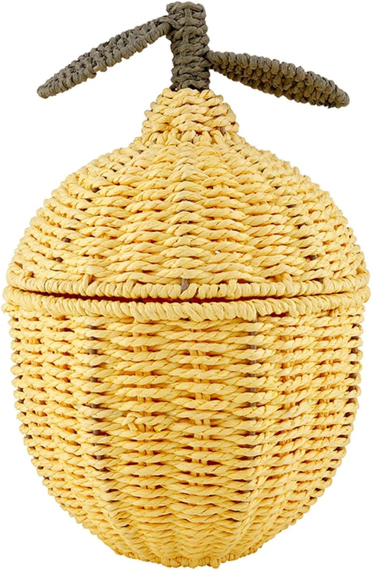 Baskets - Lemon Shaped Wicker Basket with Lid, 8.5" x 12", Yellow