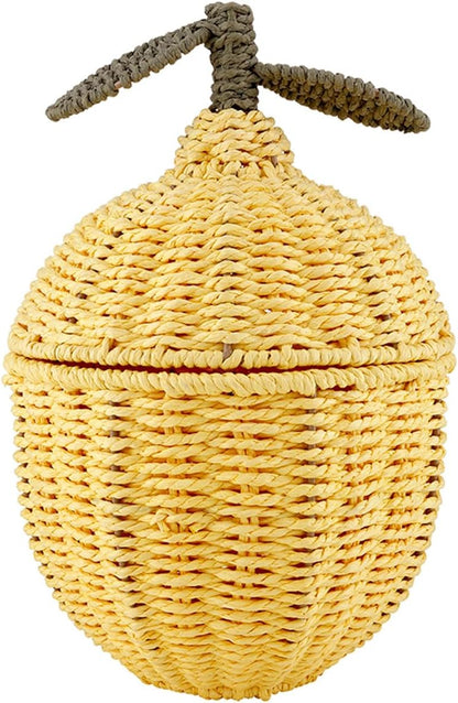 Baskets - Lemon Shaped Wicker Basket with Lid, 8.5" x 12", Yellow