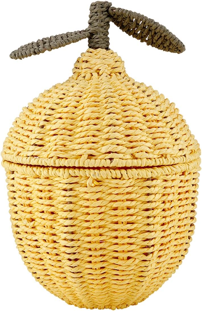 Baskets - Lemon Shaped Wicker Basket with Lid, 8.5" x 12", Yellow