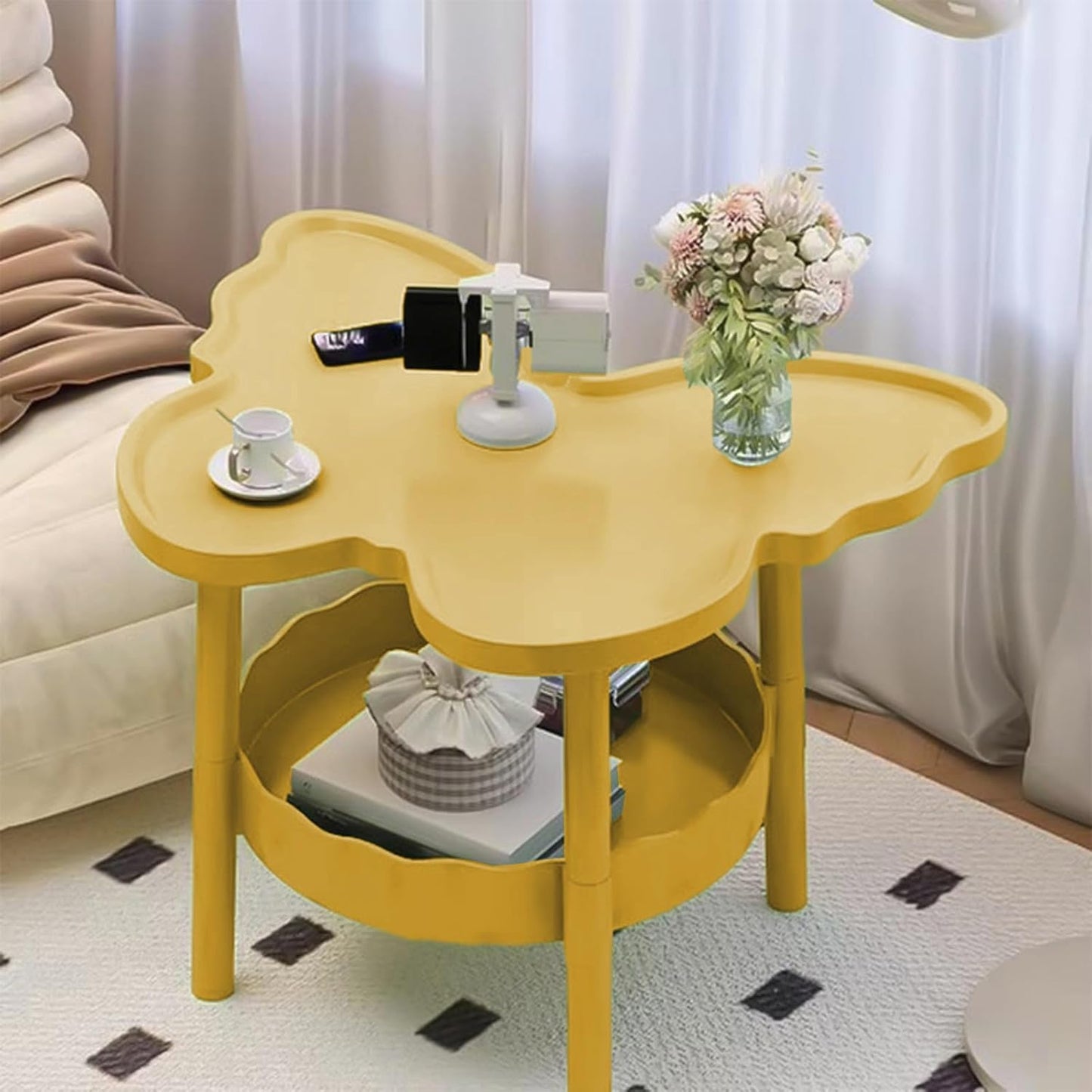 Bedroom Side Table, Curved End Table Small Night Stand with 2 Layer Storage Space for Bedroom, Living Room Small Space, Easy to Move and Install, Butterflies Shaped (Yellow)