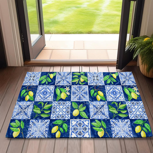 Lemon Door Mats Outdoor Entrance,Boho Vintage Tiles Doormat 17 X 30 Inch Waterproof All-Season Low-Profile Front Mat for Indoor Floor Home Entryway