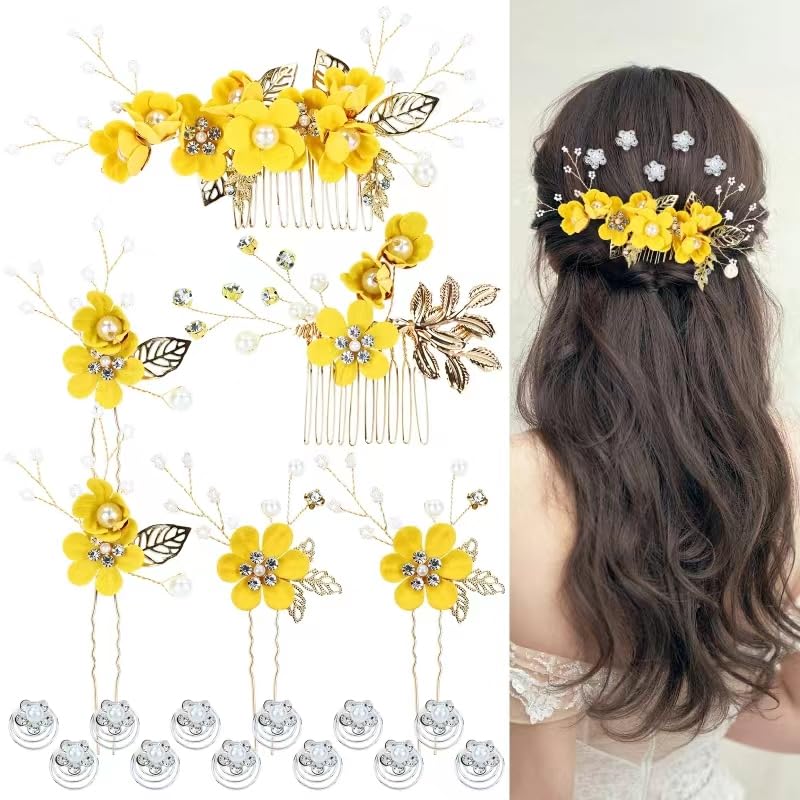 18 Pieces Bridal Wedding Party Prom Pearl Rhinestone Yellow Flower Hair Side Combs Slides+U-shaped Flower Hair Pins+Twist Spiral Hairpins Floral Headpieces for Brides Bridesmaids Women Girls