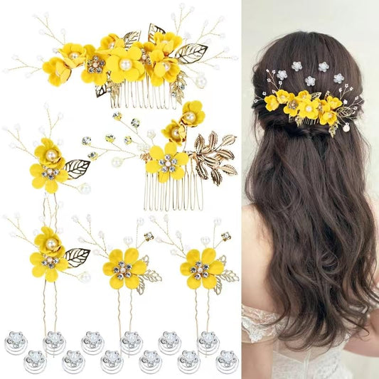 18 Pieces Bridal Wedding Party Prom Pearl Rhinestone Yellow Flower Hair Side Combs Slides+U-shaped Flower Hair Pins+Twist Spiral Hairpins Floral Headpieces for Brides Bridesmaids Women Girls
