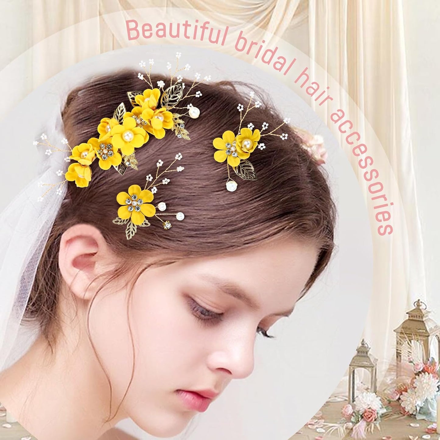 18 Pieces Bridal Wedding Party Prom Pearl Rhinestone Yellow Flower Hair Side Combs Slides+U-shaped Flower Hair Pins+Twist Spiral Hairpins Floral Headpieces for Brides Bridesmaids Women Girls