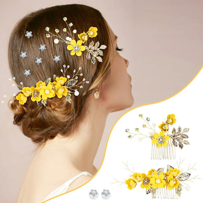 18 Pieces Bridal Wedding Party Prom Pearl Rhinestone Yellow Flower Hair Side Combs Slides+U-shaped Flower Hair Pins+Twist Spiral Hairpins Floral Headpieces for Brides Bridesmaids Women Girls