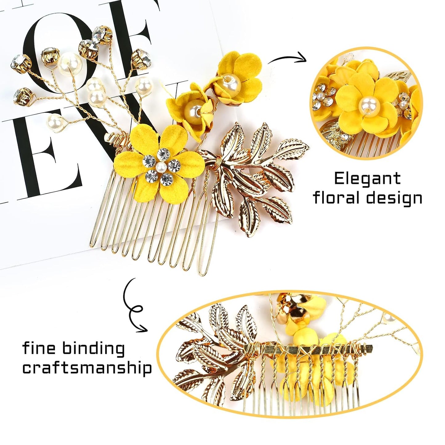 18 Pieces Bridal Wedding Party Prom Pearl Rhinestone Yellow Flower Hair Side Combs Slides+U-shaped Flower Hair Pins+Twist Spiral Hairpins Floral Headpieces for Brides Bridesmaids Women Girls
