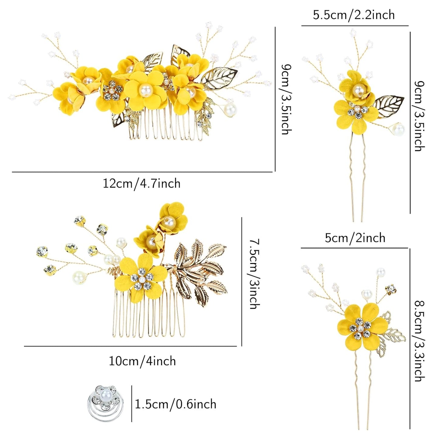 18 Pieces Bridal Wedding Party Prom Pearl Rhinestone Yellow Flower Hair Side Combs Slides+U-shaped Flower Hair Pins+Twist Spiral Hairpins Floral Headpieces for Brides Bridesmaids Women Girls