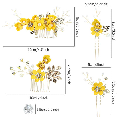 18 Pieces Bridal Wedding Party Prom Pearl Rhinestone Yellow Flower Hair Side Combs Slides+U-shaped Flower Hair Pins+Twist Spiral Hairpins Floral Headpieces for Brides Bridesmaids Women Girls