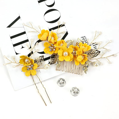 18 Pieces Bridal Wedding Party Prom Pearl Rhinestone Yellow Flower Hair Side Combs Slides+U-shaped Flower Hair Pins+Twist Spiral Hairpins Floral Headpieces for Brides Bridesmaids Women Girls