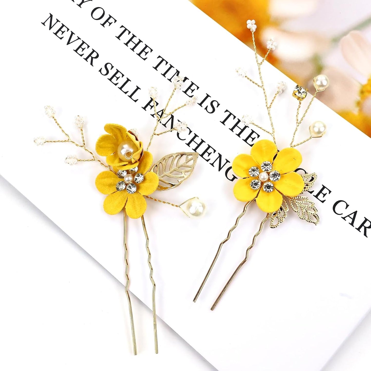 18 Pieces Bridal Wedding Party Prom Pearl Rhinestone Yellow Flower Hair Side Combs Slides+U-shaped Flower Hair Pins+Twist Spiral Hairpins Floral Headpieces for Brides Bridesmaids Women Girls