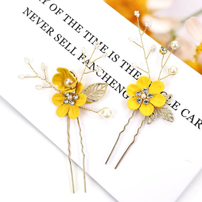 18 Pieces Bridal Wedding Party Prom Pearl Rhinestone Yellow Flower Hair Side Combs Slides+U-shaped Flower Hair Pins+Twist Spiral Hairpins Floral Headpieces for Brides Bridesmaids Women Girls