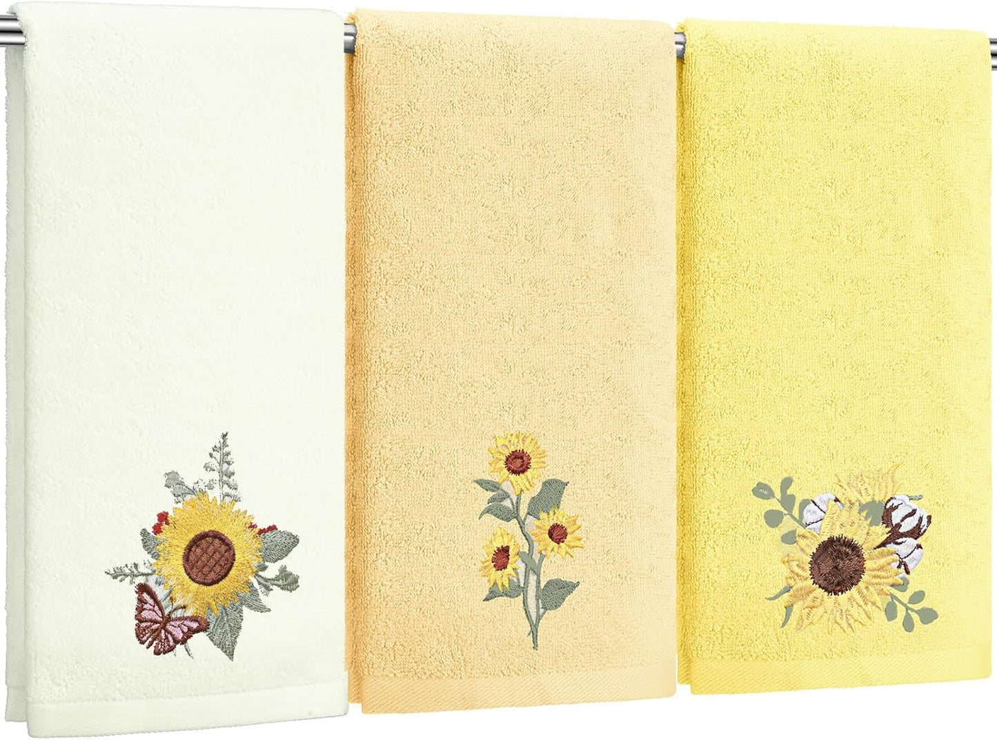 3 Pcs Yellow Sunflower Hand Towels Summer Floral Bath Towels 14x29 Inch Soft Flower Embroidered Decorative Washable Farmhouse Summer Cotton Absorbent Decor for Bathroom Kitchen