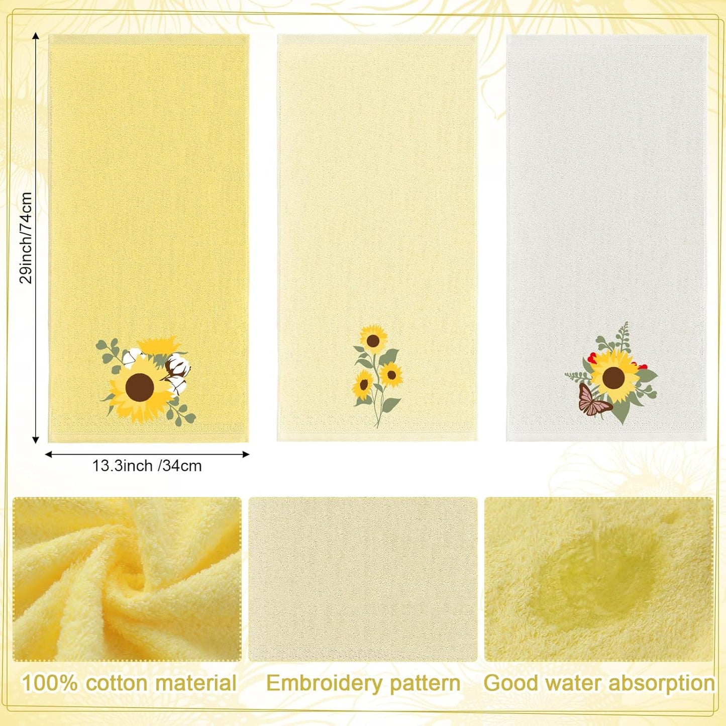 3 Pcs Yellow Sunflower Hand Towels Summer Floral Bath Towels 14x29 Inch Soft Flower Embroidered Decorative Washable Farmhouse Summer Cotton Absorbent Decor for Bathroom Kitchen