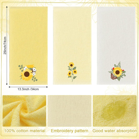 3 Pcs Yellow Sunflower Hand Towels Summer Floral Bath Towels 14x29 Inch Soft Flower Embroidered Decorative Washable Farmhouse Summer Cotton Absorbent Decor for Bathroom Kitchen