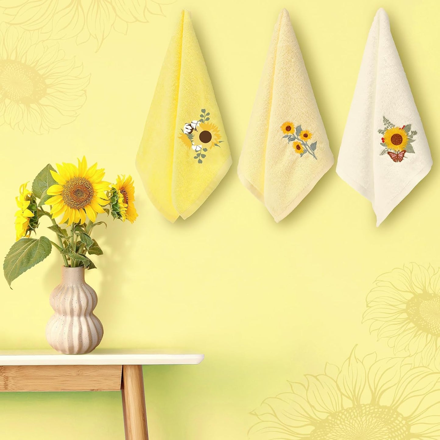 3 Pcs Yellow Sunflower Hand Towels Summer Floral Bath Towels 14x29 Inch Soft Flower Embroidered Decorative Washable Farmhouse Summer Cotton Absorbent Decor for Bathroom Kitchen