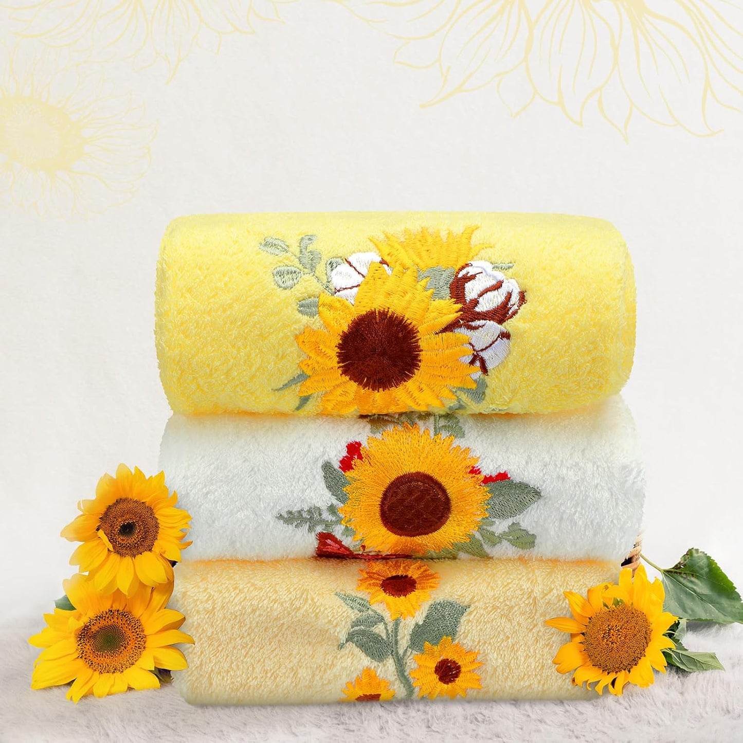 3 Pcs Yellow Sunflower Hand Towels Summer Floral Bath Towels 14x29 Inch Soft Flower Embroidered Decorative Washable Farmhouse Summer Cotton Absorbent Decor for Bathroom Kitchen