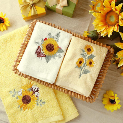 3 Pcs Yellow Sunflower Hand Towels Summer Floral Bath Towels 14x29 Inch Soft Flower Embroidered Decorative Washable Farmhouse Summer Cotton Absorbent Decor for Bathroom Kitchen