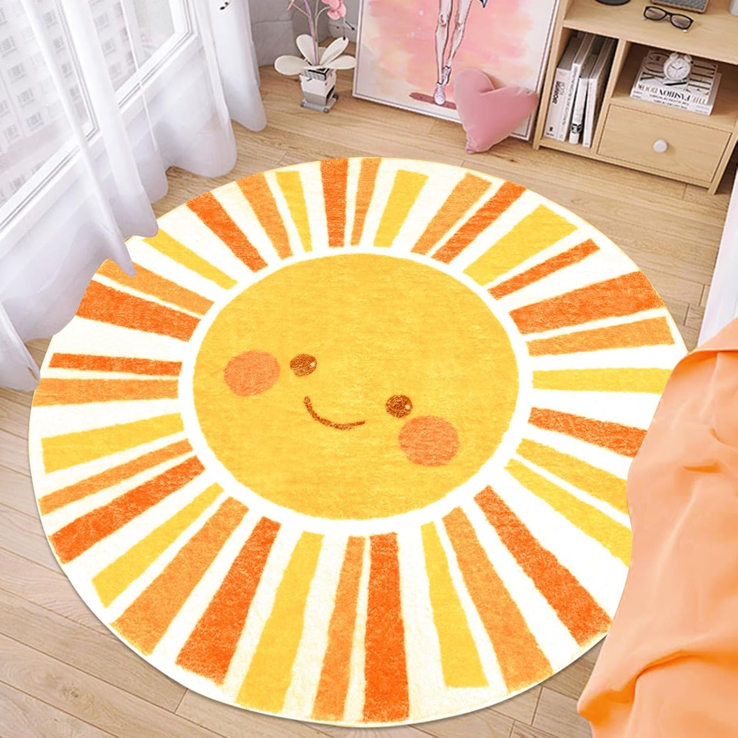 Kids Rug Boho Sun Mat 4Ft Round Sunshine Bedroom Carpet for Boys Girls Circle Nursery Mat for Playroom, Washable Sun Area Rug for Classroom Living Room, Children's Rugs, Orange Yellow