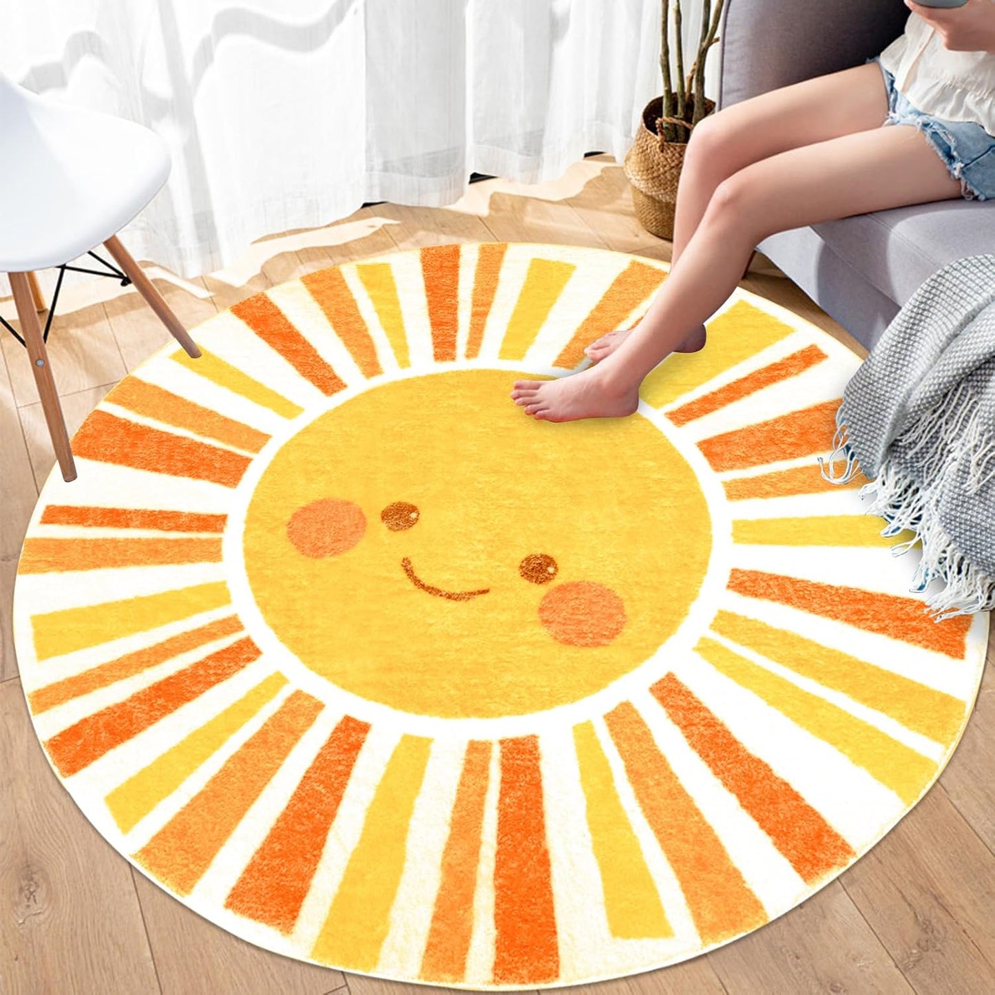 Kids Rug Boho Sun Mat 4Ft Round Sunshine Bedroom Carpet for Boys Girls Circle Nursery Mat for Playroom, Washable Sun Area Rug for Classroom Living Room, Children's Rugs, Orange Yellow
