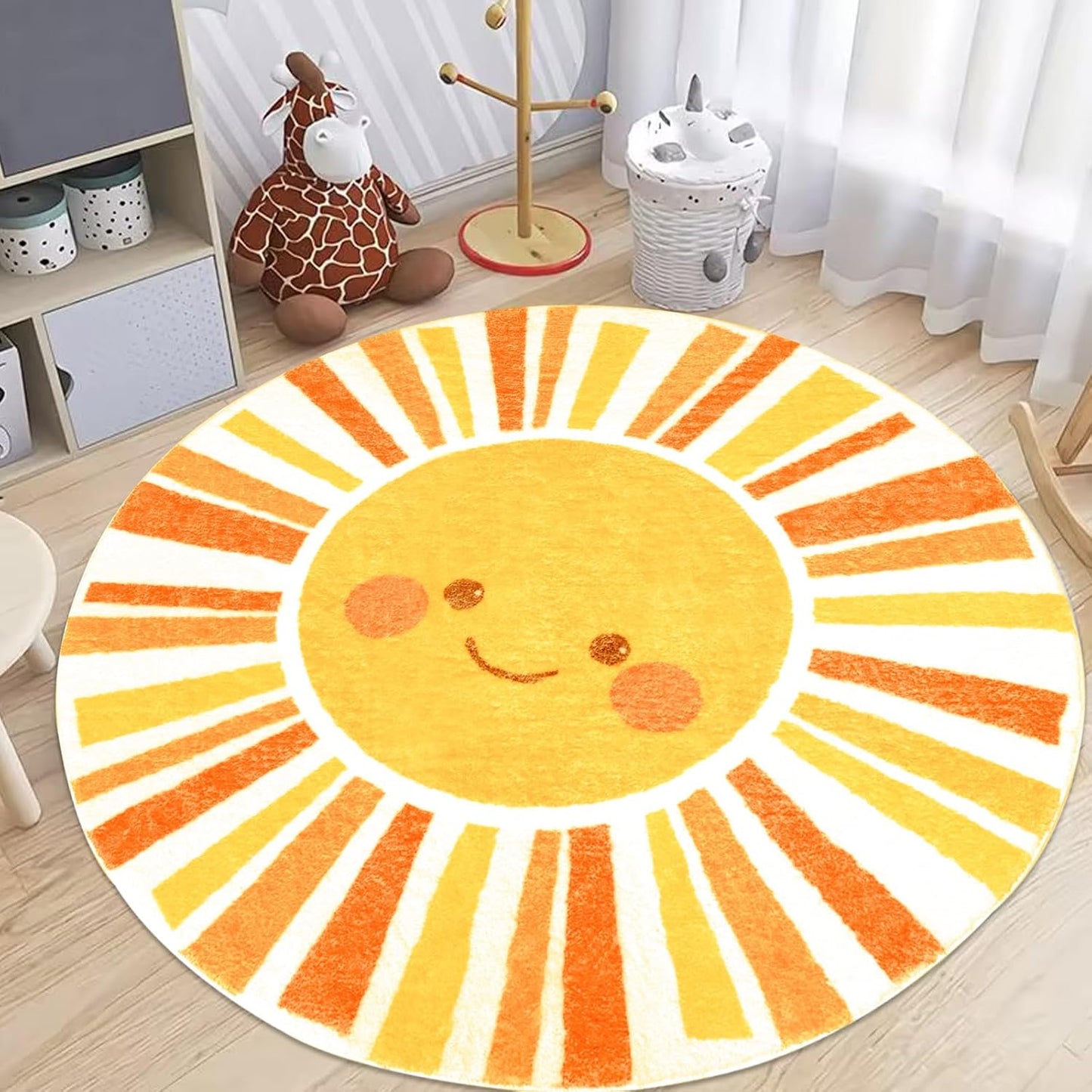 Kids Rug Boho Sun Mat 4Ft Round Sunshine Bedroom Carpet for Boys Girls Circle Nursery Mat for Playroom, Washable Sun Area Rug for Classroom Living Room, Children's Rugs, Orange Yellow