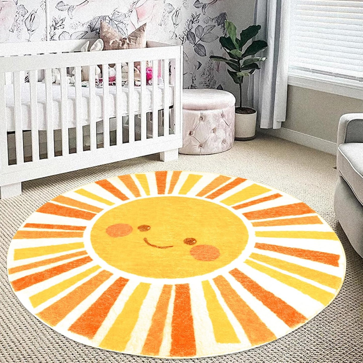 Kids Rug Boho Sun Mat 4Ft Round Sunshine Bedroom Carpet for Boys Girls Circle Nursery Mat for Playroom, Washable Sun Area Rug for Classroom Living Room, Children's Rugs, Orange Yellow