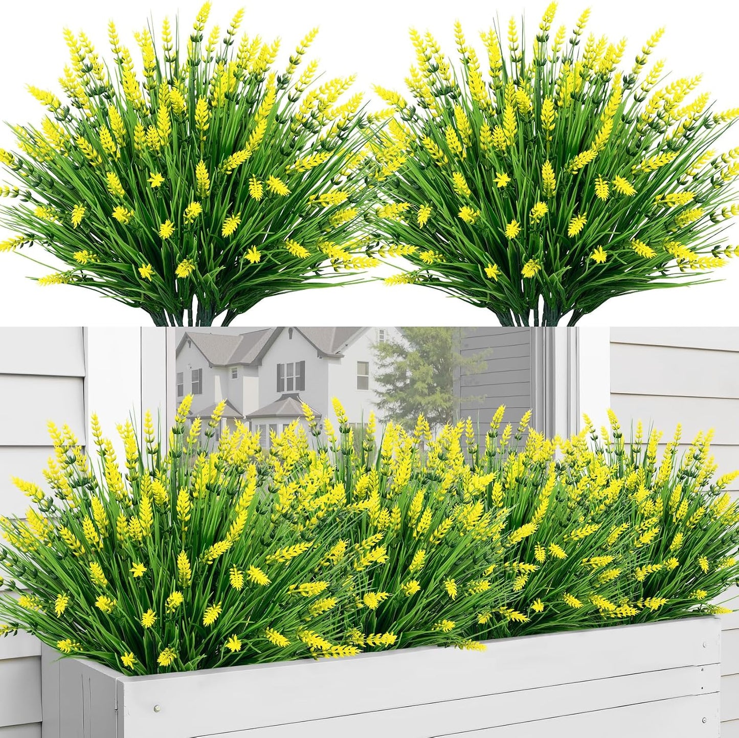 24 Bundles Fake Lavender Artificial Flowers for Outdoors, Yellow | UV resistant, plastic lavender with monkey grass, faux plants, home porch garden window box outdoor indoor decorations